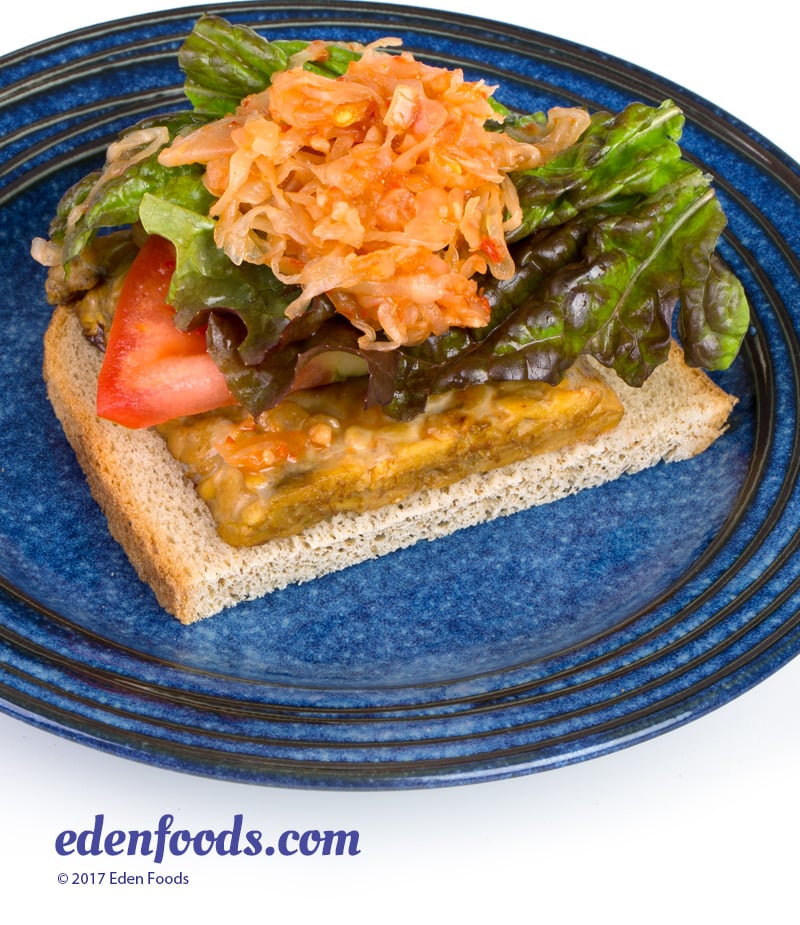 Open Face Tempeh Reuben with Kimchi Kraut